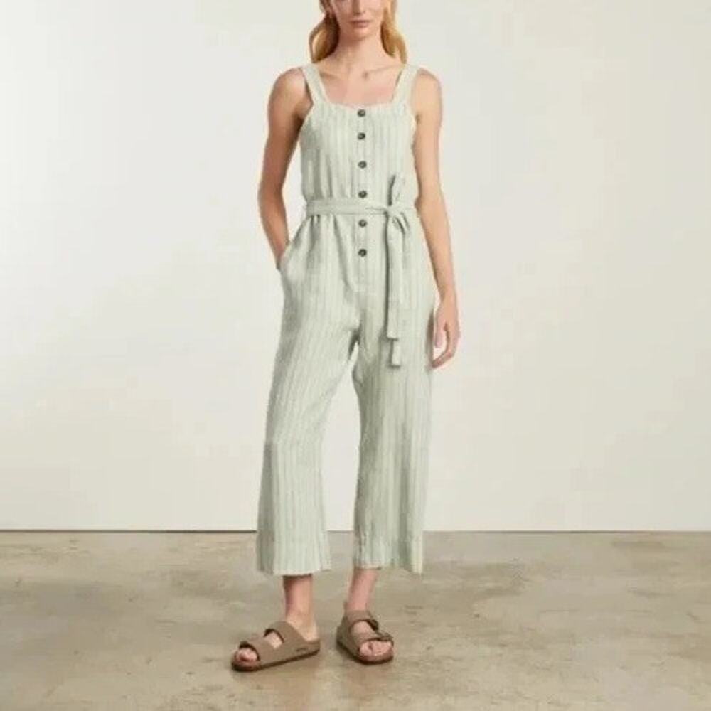 Everlane Striped Jumpsuit Belted green Linen Size 6 A001668 - Picture 2 of 9